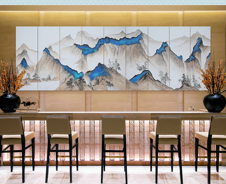 新中式會(huì)議室酒店山水風(fēng)景壁畫 大型高端定制巨幅手繪裝飾畫 南山
