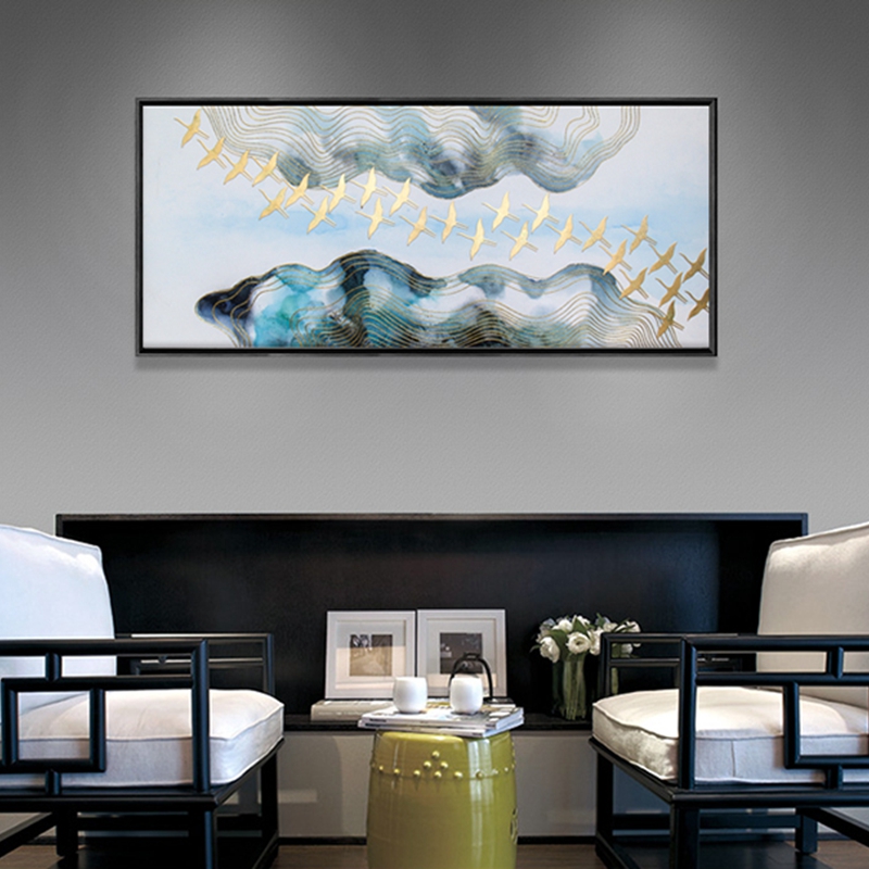 新中式客廳裝飾畫(huà) 餐廳原創(chuàng)純手繪金線(xiàn)畫(huà) 臥室環(huán)保PS框掛畫(huà) 遷徙