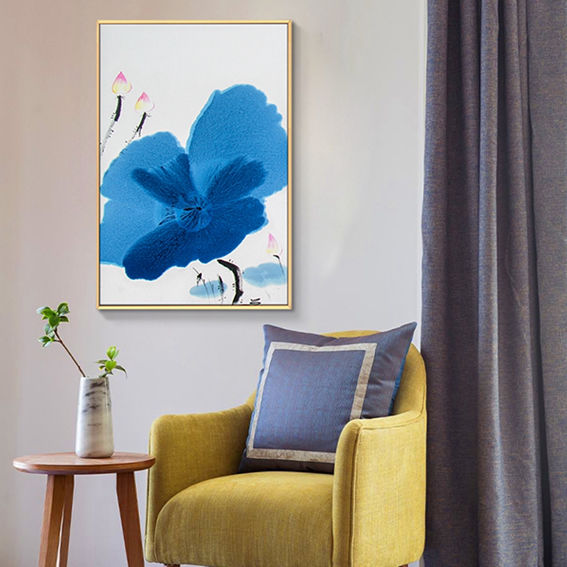 新中式客廳裝飾畫 臥室原創(chuàng)純手繪禪意圖 玄關(guān)鋁合金框掛畫 荷葉3